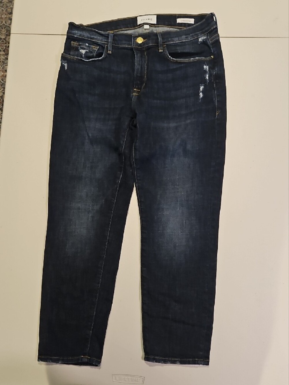 Frame Denim Dark Blue Cropped Jeans W/intentional Distressing Details 0198